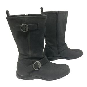 Cole Haan‎ Black Gray Leather Boots Zipper Buckle Moto Mid Calf Sz 7B Waterproof